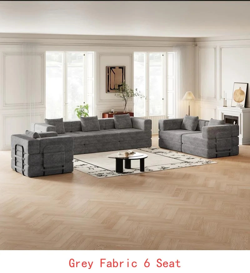 8-Seater Folding Sofa Bed in Corduroy Fabric with Side Storage Pockets and Cushions, Comfortable for Living Room, Bedroom, and