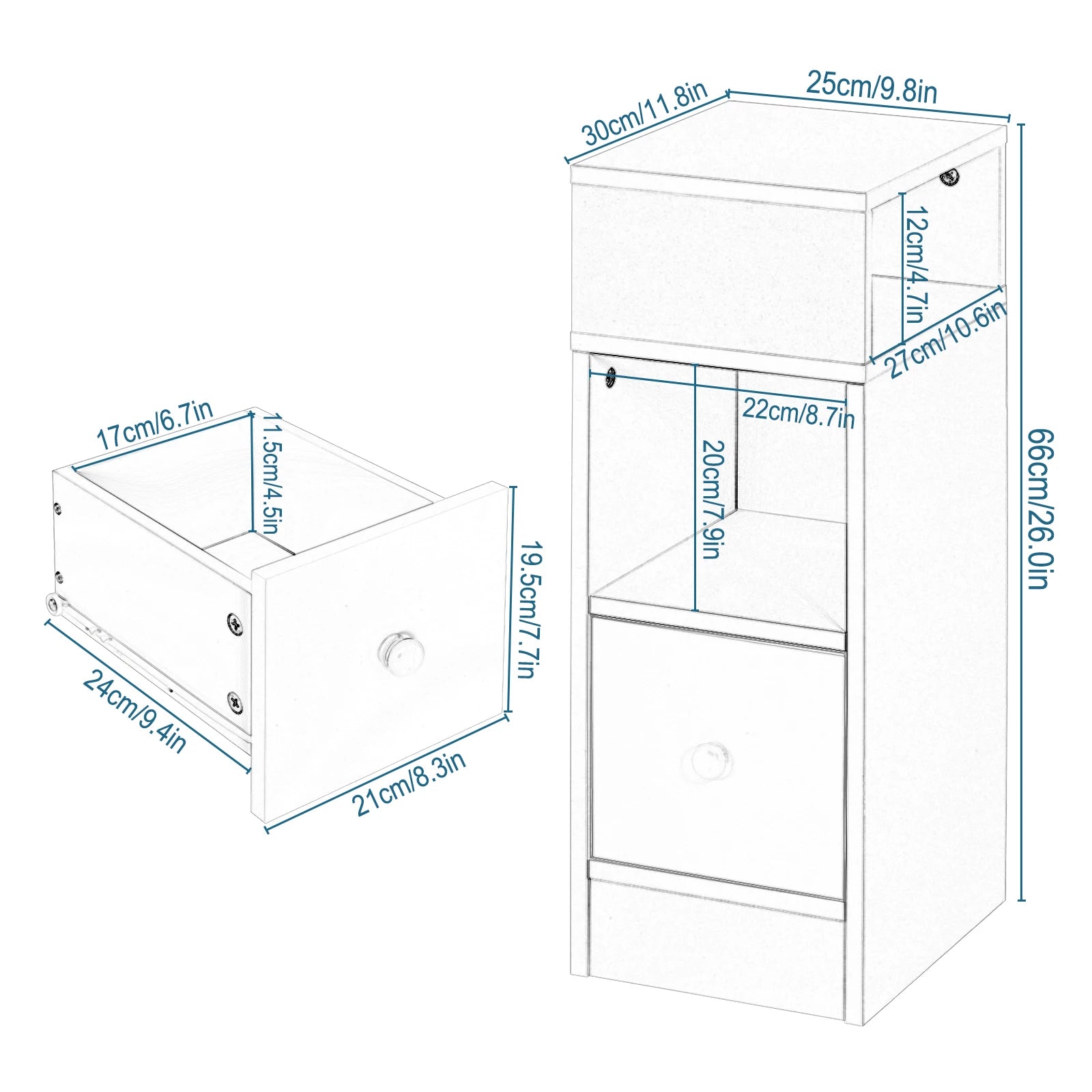 1PC Narrow Bedside Table with 2 Open Shelves 1 Drawer Slim Small Storage Cabinet 25x66x30cm Nightstand Space-Saving for Bedroom