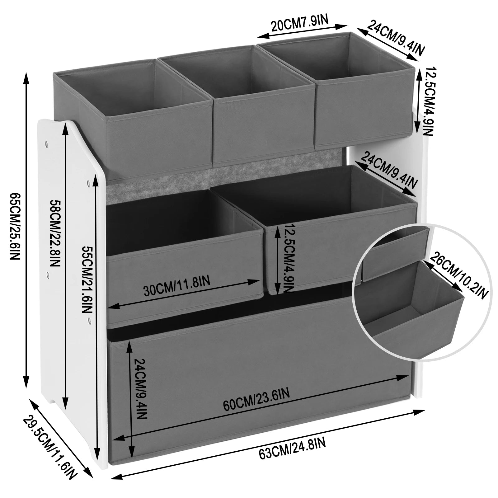 3 Tier Kids Room Storage Cabinet with 6 Removable Nonwoven Toy Boxes 63x30x60cm Nursery Shelf Toy Organiser for Daycare School