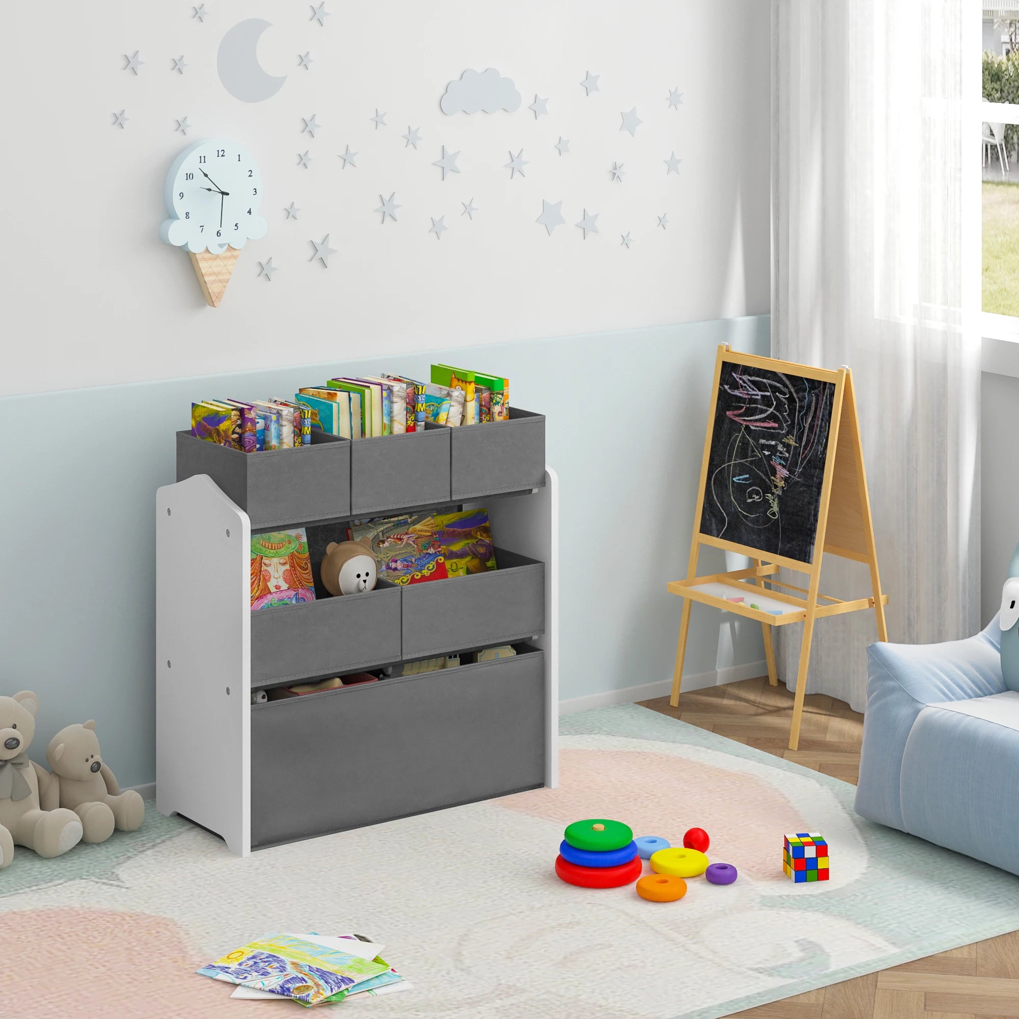 3 Tier Kids Room Storage Cabinet with 6 Removable Nonwoven Toy Boxes 63x30x60cm Nursery Shelf Toy Organiser for Daycare School