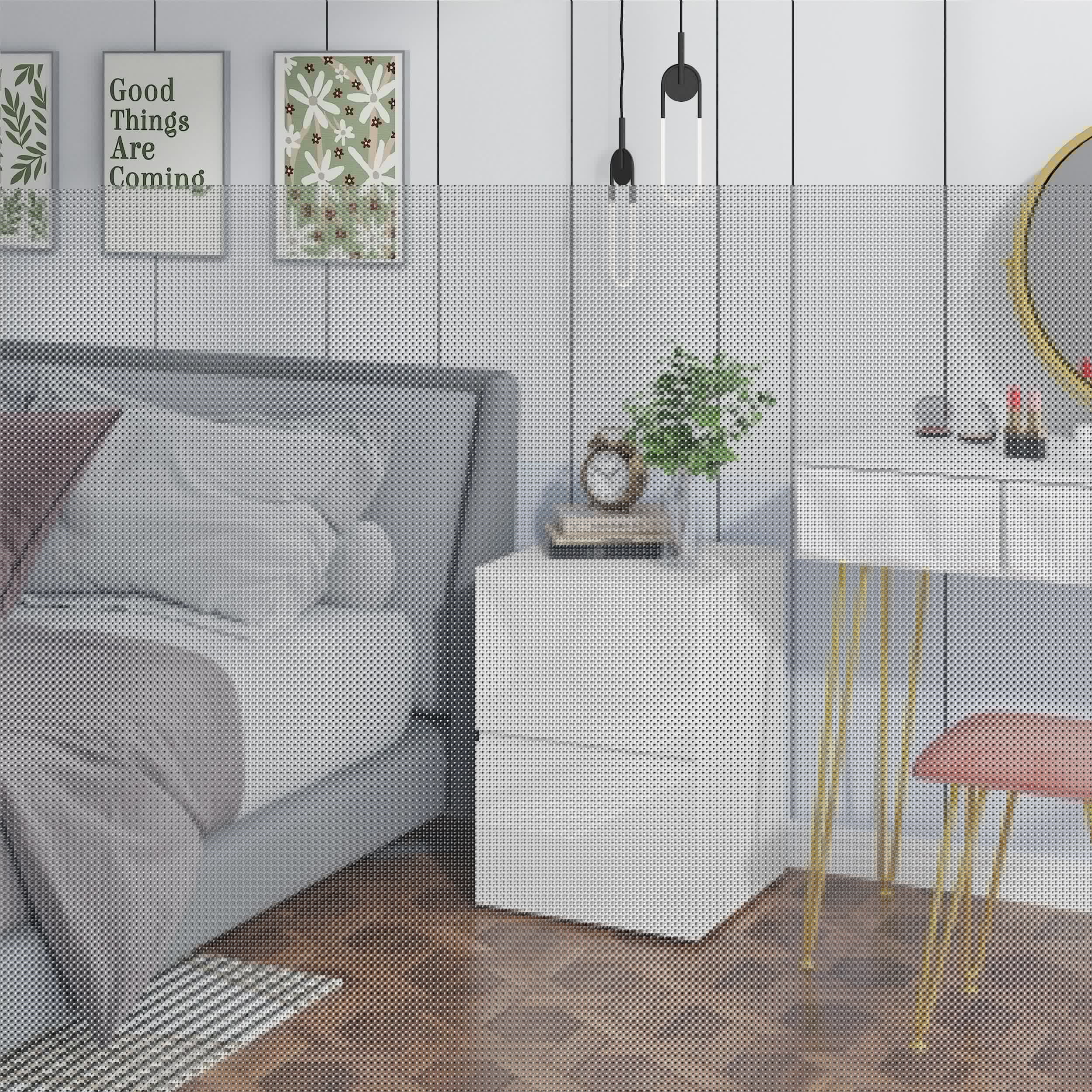 1PC Bedside Table with 2 Glossy Drawers Large Storage Space 40x40x58cm Scandinavian Style Nightstand for Bedroom Living Room