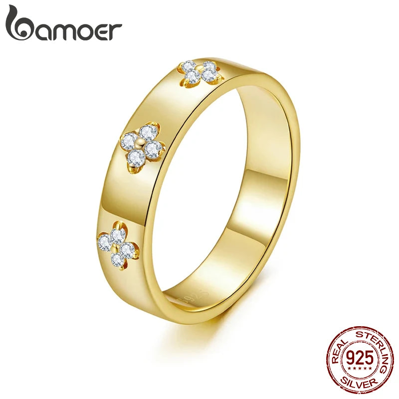 BAMOER 925 Sterling Silver Lucky Clover Moissanite Ring - Gold Plated D Color Round Cut Wide Band for Women | Primesmarket