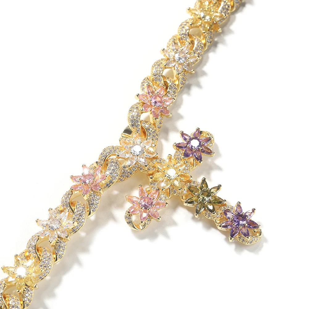 Colorful Flower Cuban Chain - Full Paved Iced Out Baguette CZ Hip Hop Necklace | Primesmarket