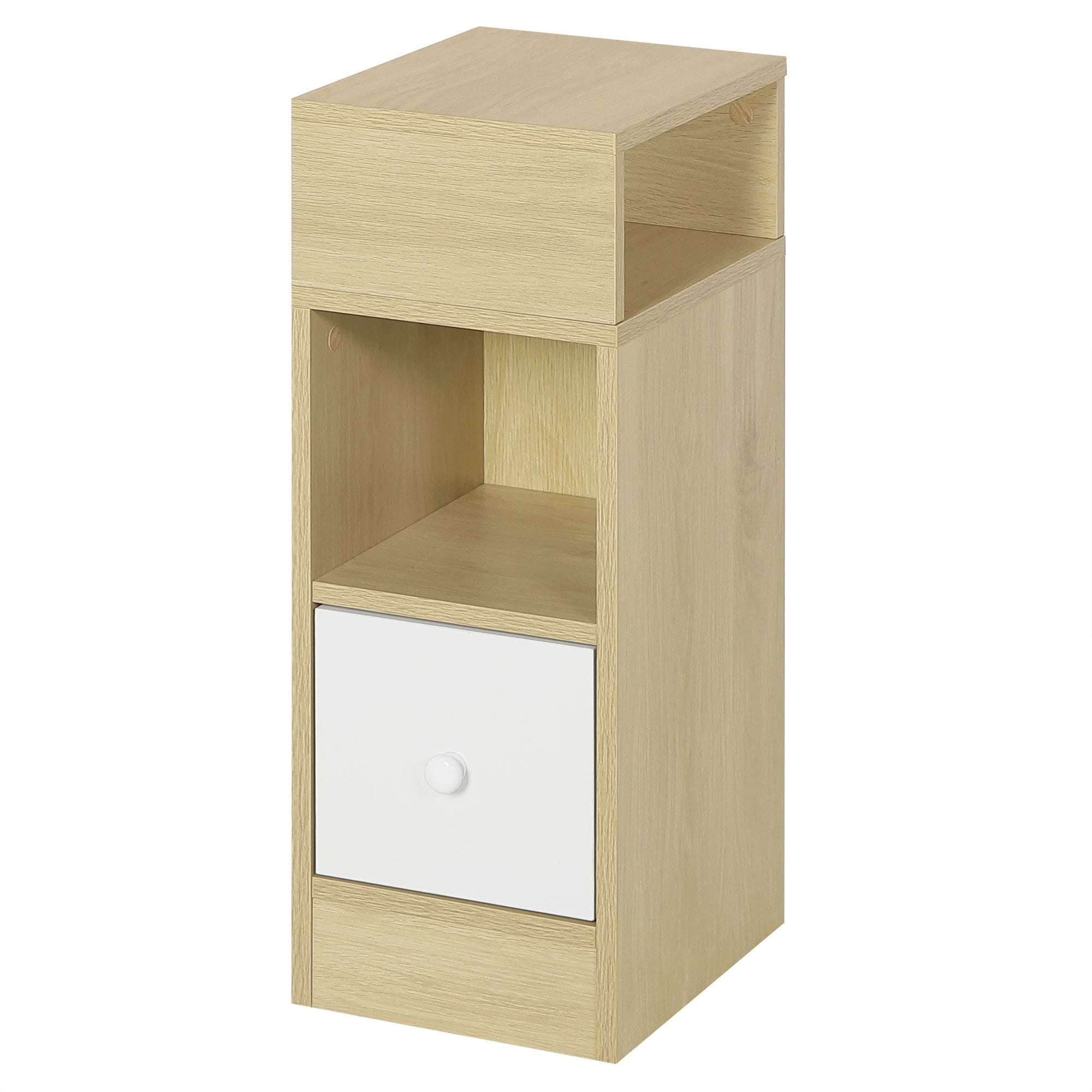 1PC Narrow Bedside Table with 2 Open Shelves 1 Drawer Slim Small Storage Cabinet 25x66x30cm Nightstand Space-Saving for Bedroom