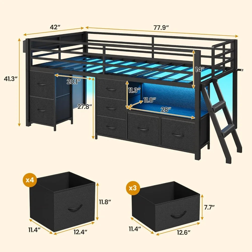 Twin Low Loft Bed with Storage Drawers, Bookcase & LED Lights