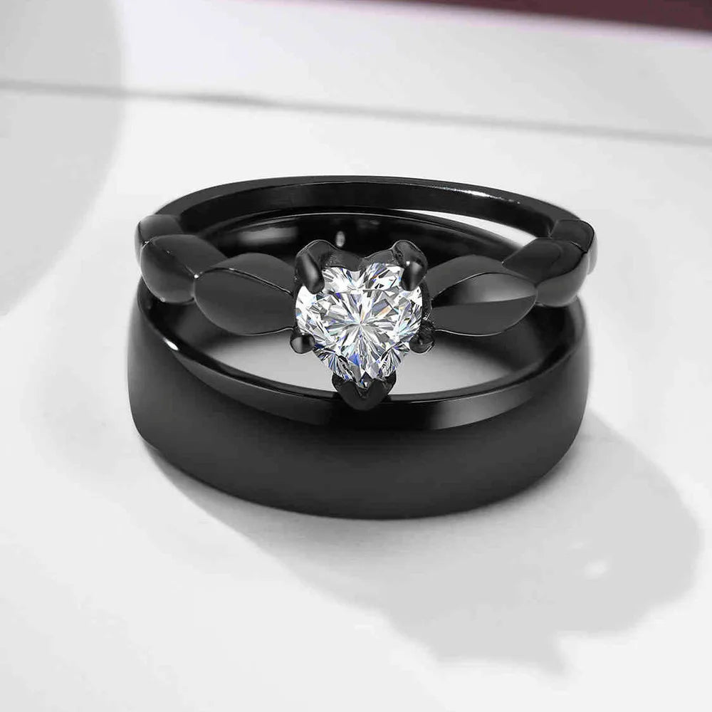 Vnox Romantic Heart CZ Stone Couple Wedding Rings - Black Stainless Steel Engagement Bands for Women & Men | Primesmarket