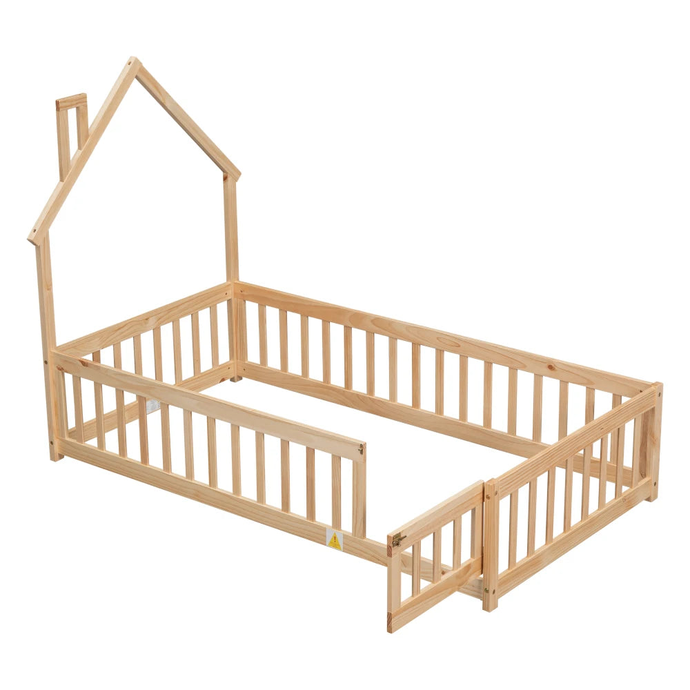 Twin House-Shaped Headboard Floor Bed with Fence,Natural