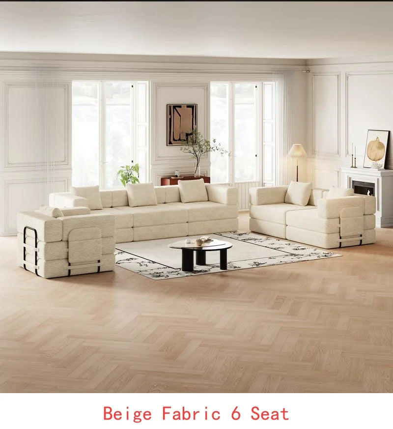 8-Seater Folding Sofa Bed in Corduroy Fabric with Side Storage Pockets and Cushions, Comfortable for Living Room, Bedroom, and