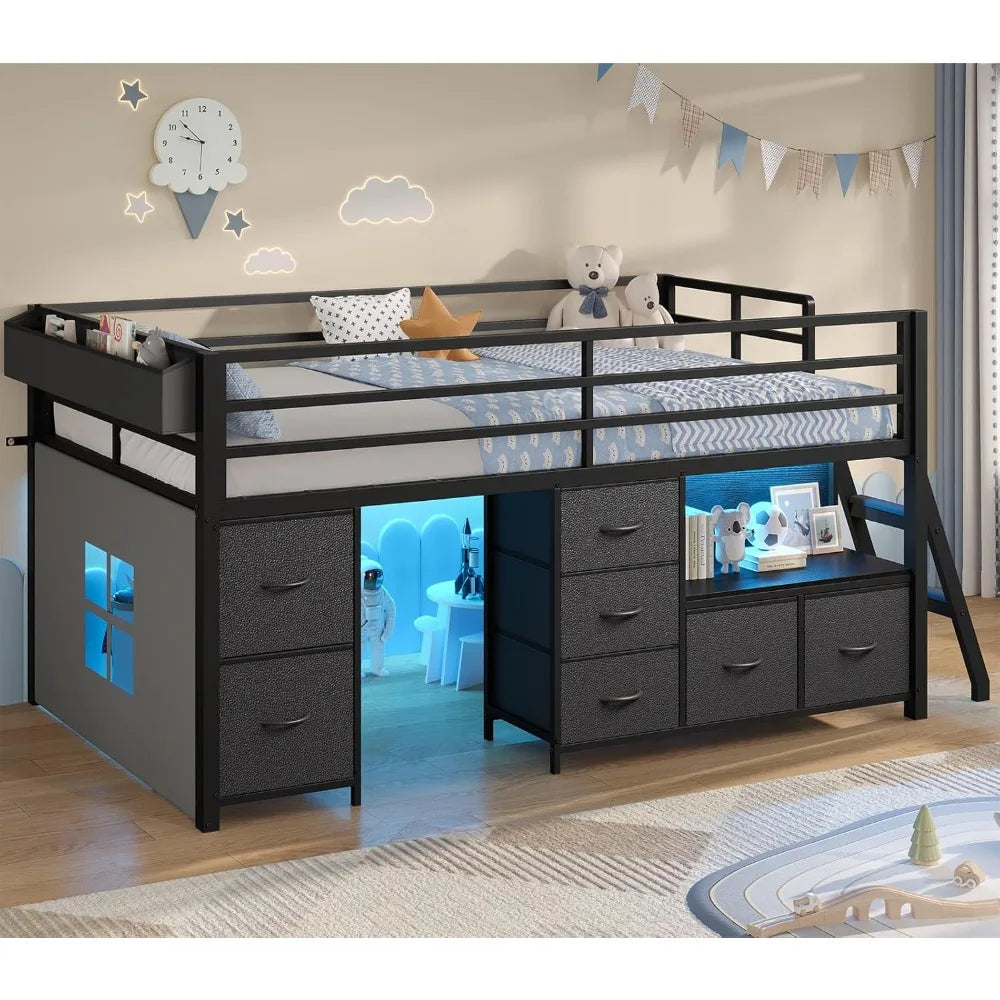 Twin Low Loft Bed with Storage Drawers, Bookcase & LED Lights