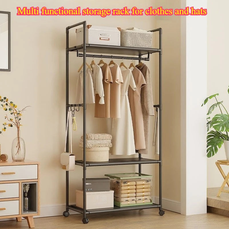 Simple Multifunctional Coat Rack Shelf Home Dormitory Floor Hanger Movable Clothes Rack, Storage Rack