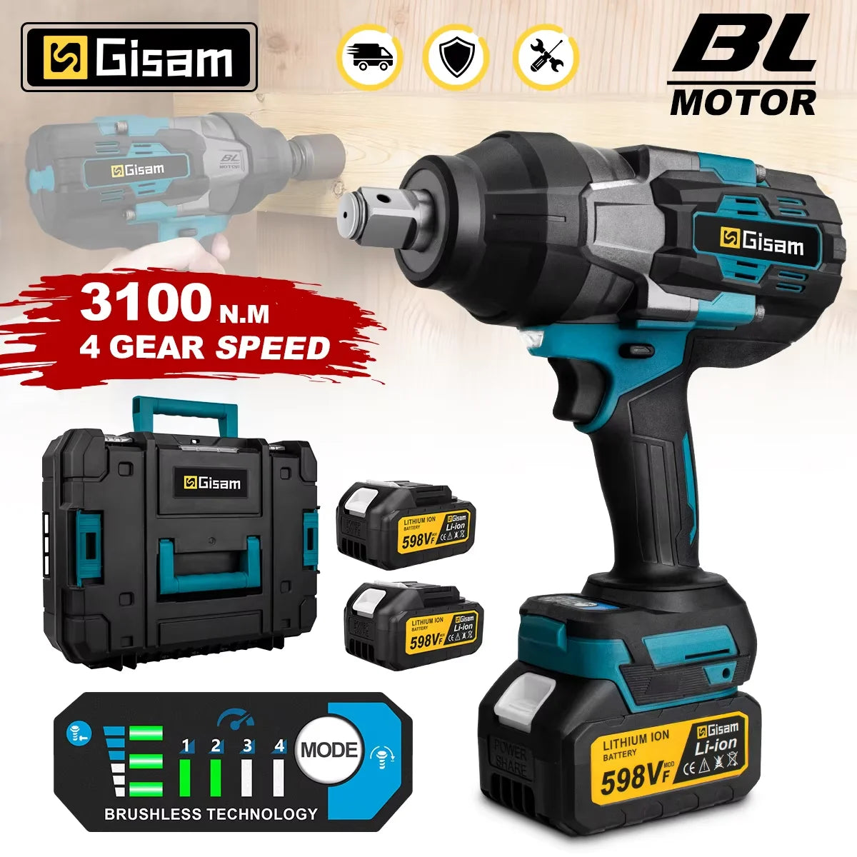 Gisam 3100N.M Torque Brushless Electric Impact Wrench 3/4 inch Cordless Electric Wrench Power Tools for Makita 18V Battery Pin