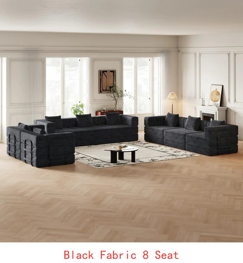 8-Seater Folding Sofa Bed in Corduroy Fabric with Side Storage Pockets and Cushions, Comfortable for Living Room, Bedroom, and
