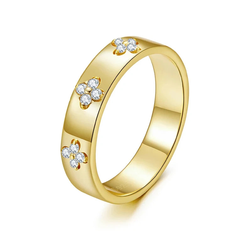 BAMOER 925 Sterling Silver Lucky Clover Moissanite Ring - Gold Plated D Color Round Cut Wide Band for Women | Primesmarket