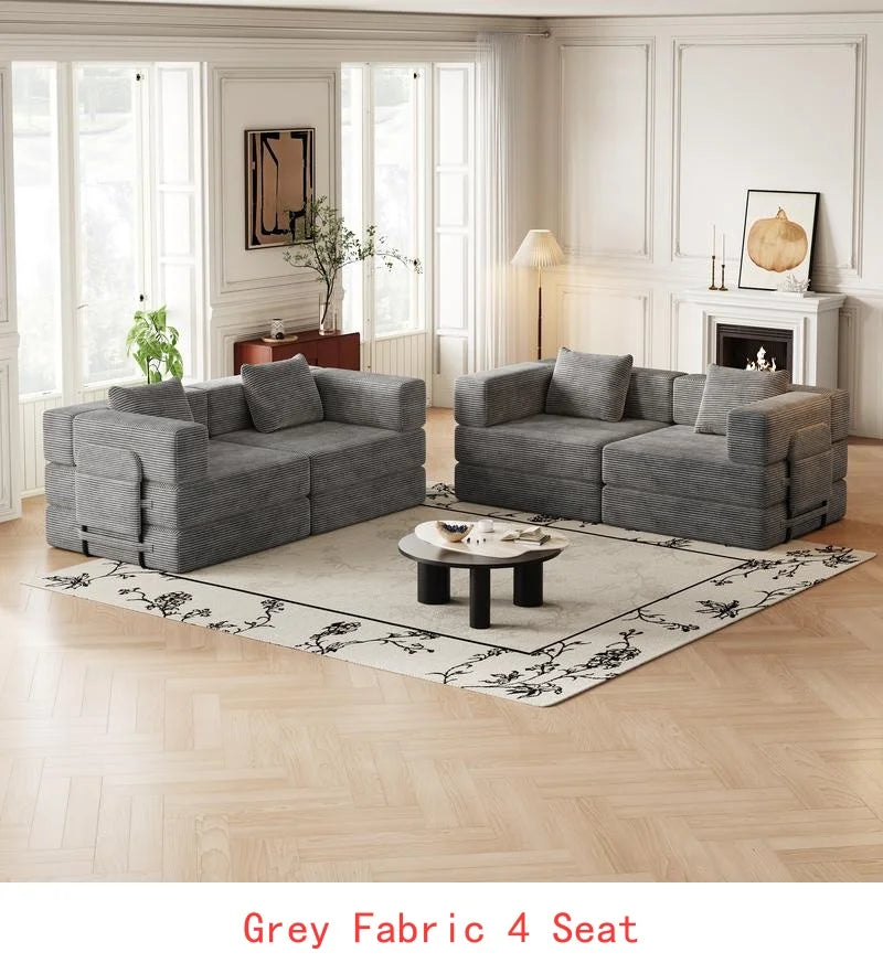 8-Seater Folding Sofa Bed in Corduroy Fabric with Side Storage Pockets and Cushions, Comfortable for Living Room, Bedroom, and