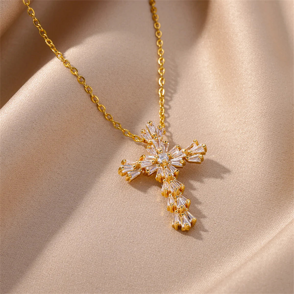 Luxury Zirconia Cross Pendant Necklace - Stainless Steel Crystal Chain for Women | Primesmarket