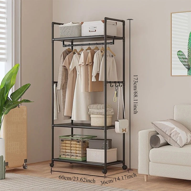 Simple Multifunctional Coat Rack Shelf Home Dormitory Floor Hanger Movable Clothes Rack, Storage Rack