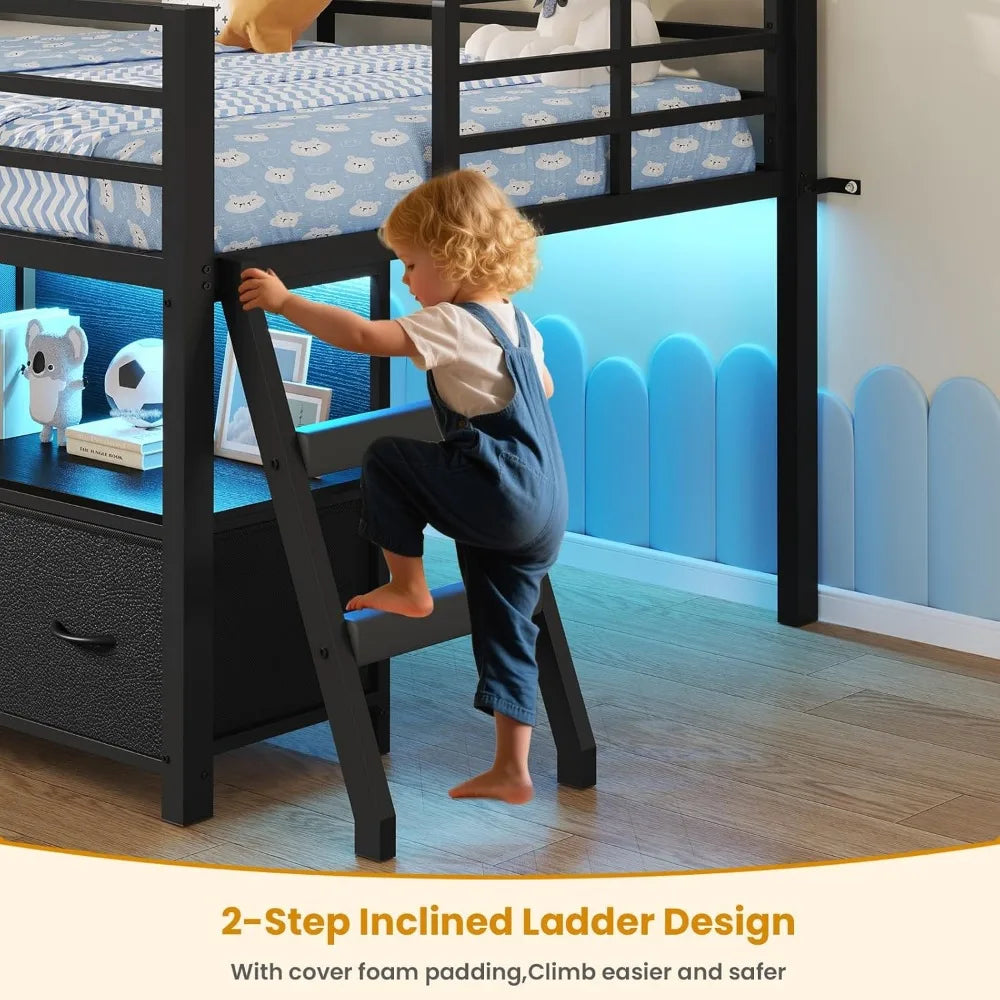 Twin Low Loft Bed with Storage Drawers, Bookcase & LED Lights