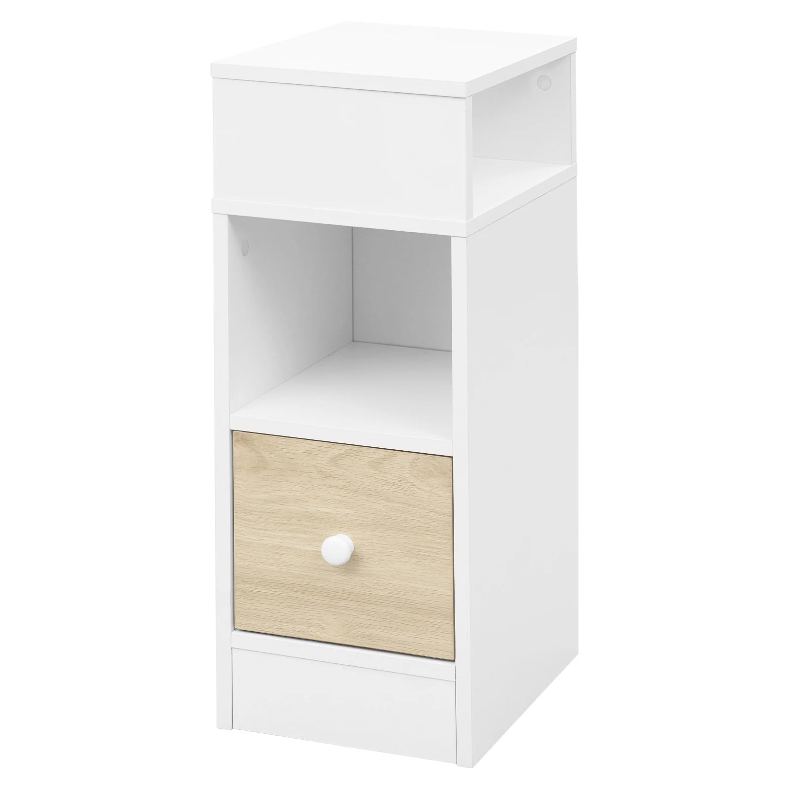 1PC Narrow Bedside Table with 2 Open Shelves 1 Drawer Slim Small Storage Cabinet 25x66x30cm Nightstand Space-Saving for Bedroom