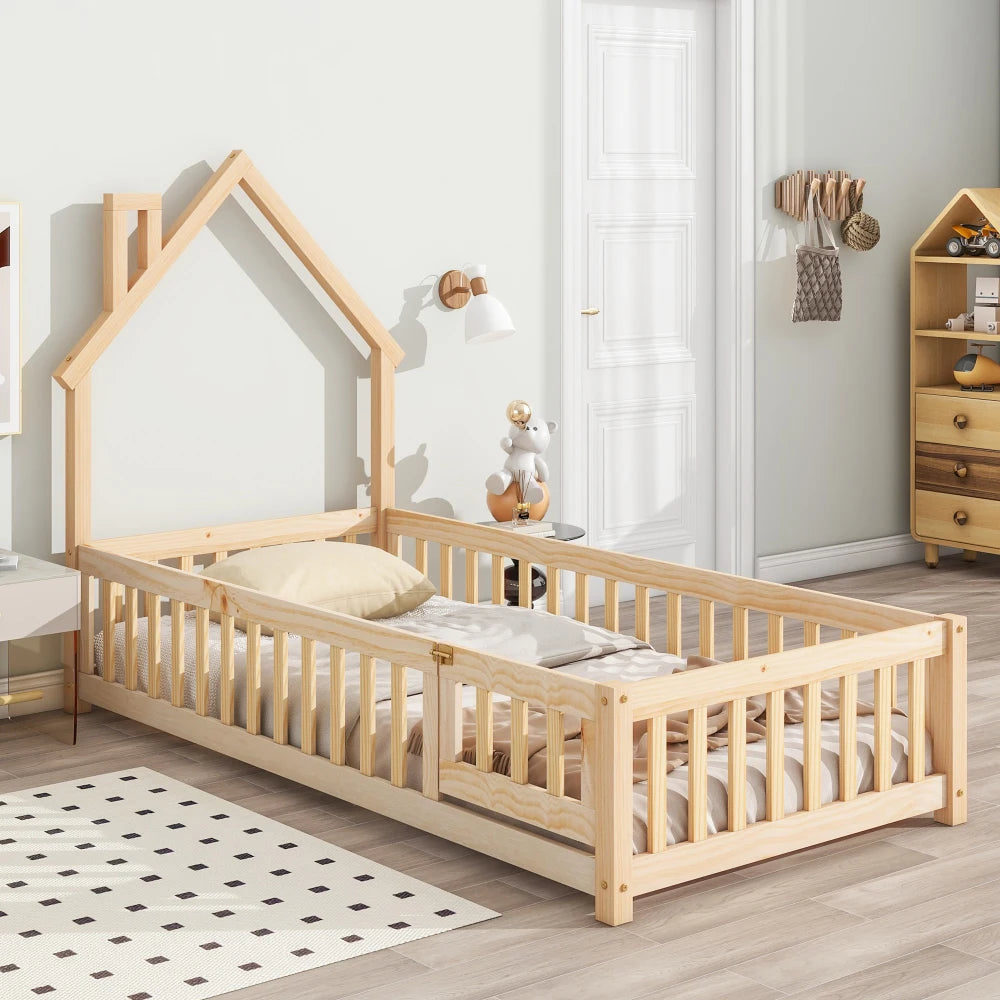 Twin House-Shaped Headboard Floor Bed with Fence,Natural