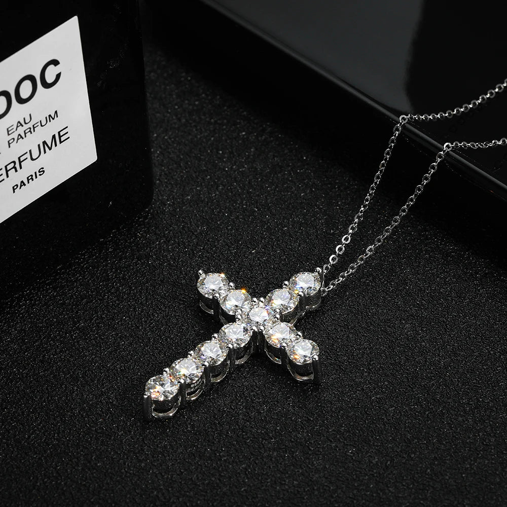 Full Moissanite Cross Pendant Necklace 925 Silver 18K White Gold Plated Elegant Fine Jewelry for Women | Primesmarket