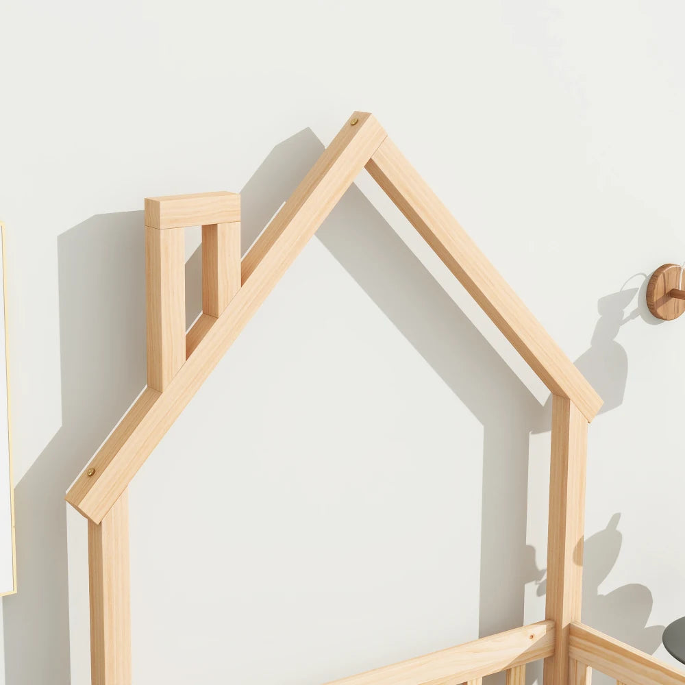 Twin House-Shaped Headboard Floor Bed with Fence,Natural