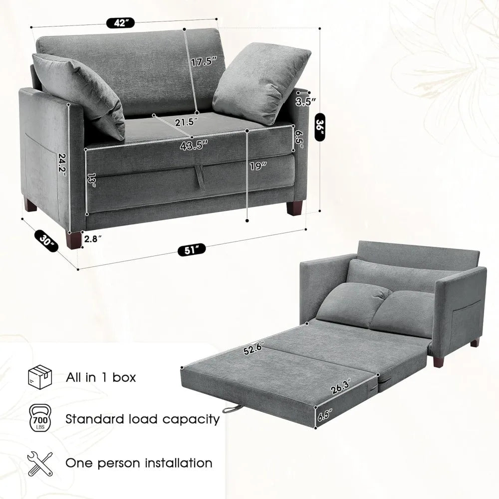 51" convertible sofa bed, 2 in1 folding sofa bed, loveseat sleeper sofa for small spaces, fold out floor couch with 2 pillows fo