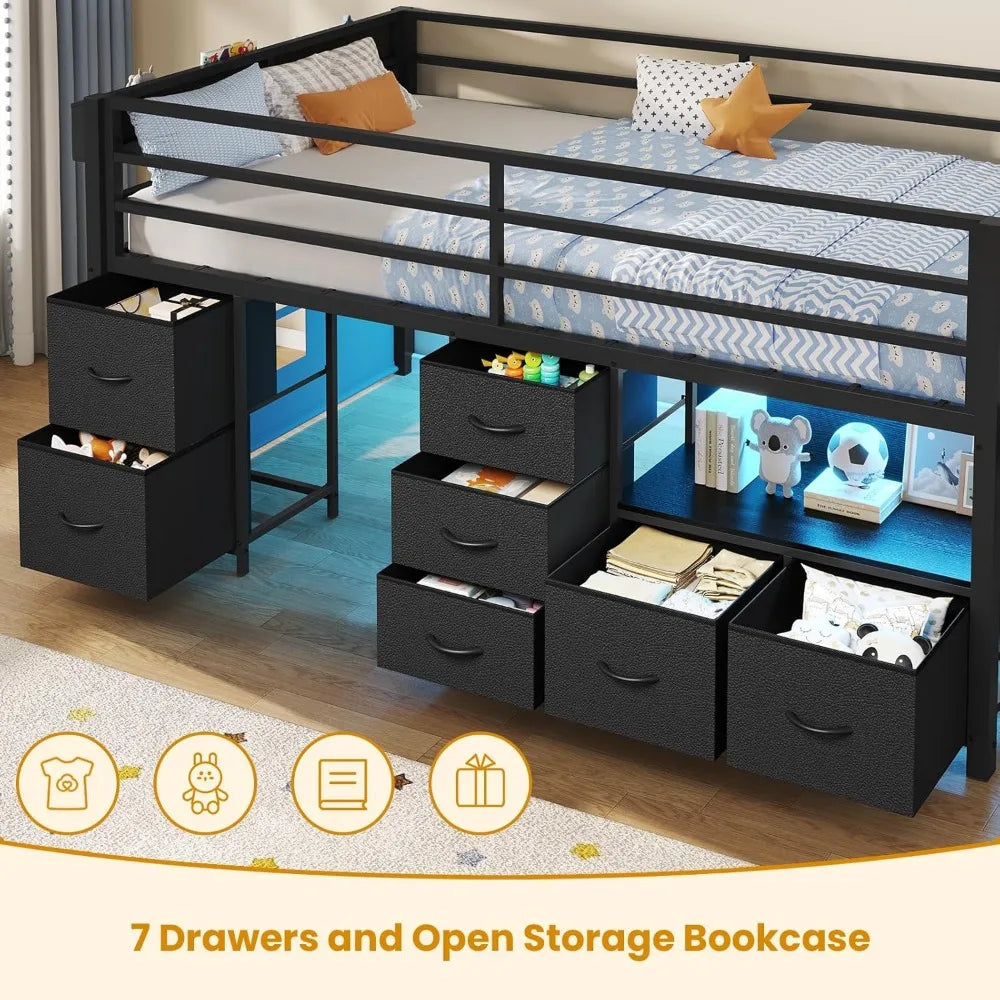 Twin Low Loft Bed with Storage Drawers, Bookcase & LED Lights