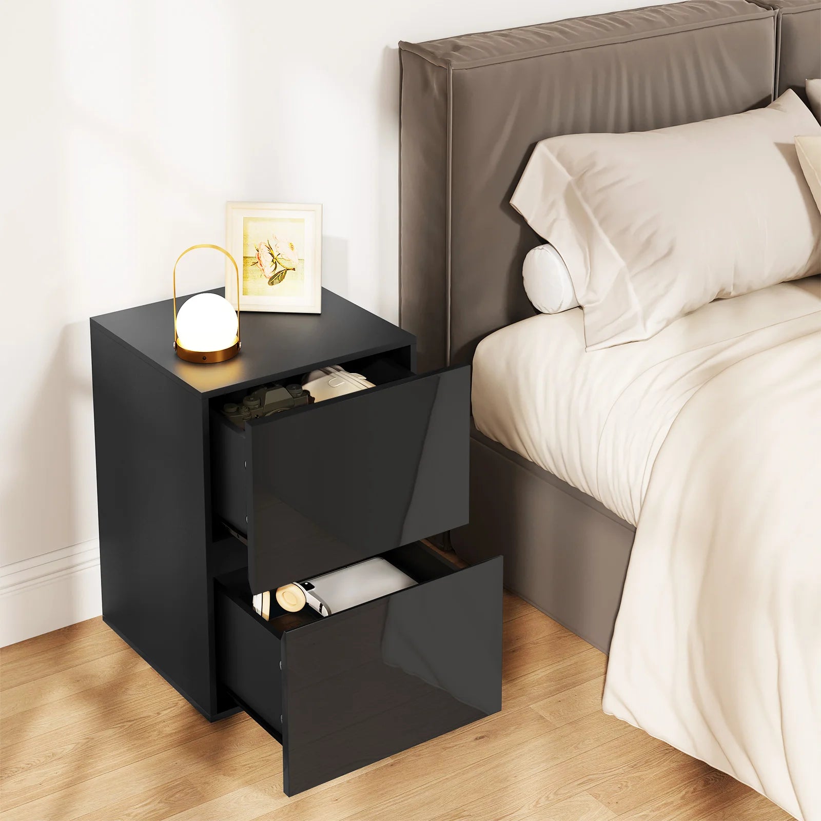 1PC Bedside Table with 2 Glossy Drawers Large Storage Space 40x40x58cm Scandinavian Style Nightstand for Bedroom Living Room