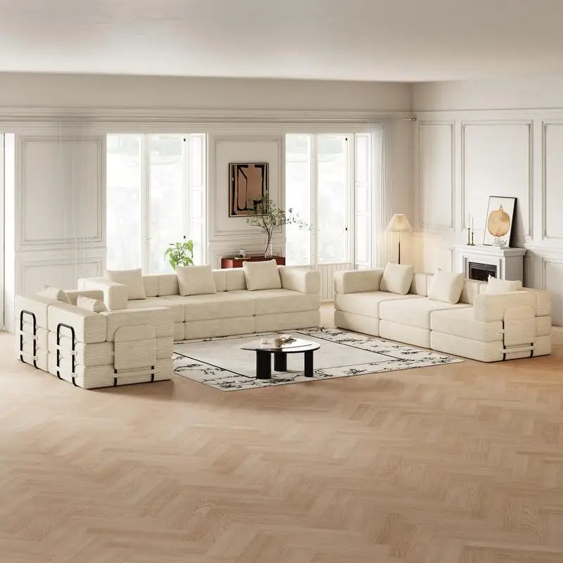 8-Seater Folding Sofa Bed in Corduroy Fabric with Side Storage Pockets and Cushions, Comfortable for Living Room, Bedroom, and