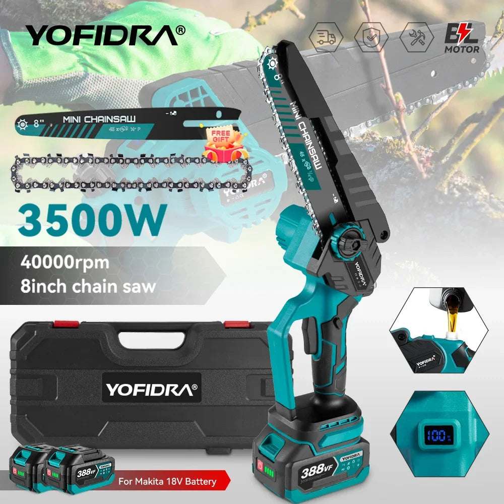 YOFIDRA 8 Inch Brushless Electric Chainsaw Cordless Rechargeable Garden Woodworking Cutting Power Tools For Makita  Battery Pin