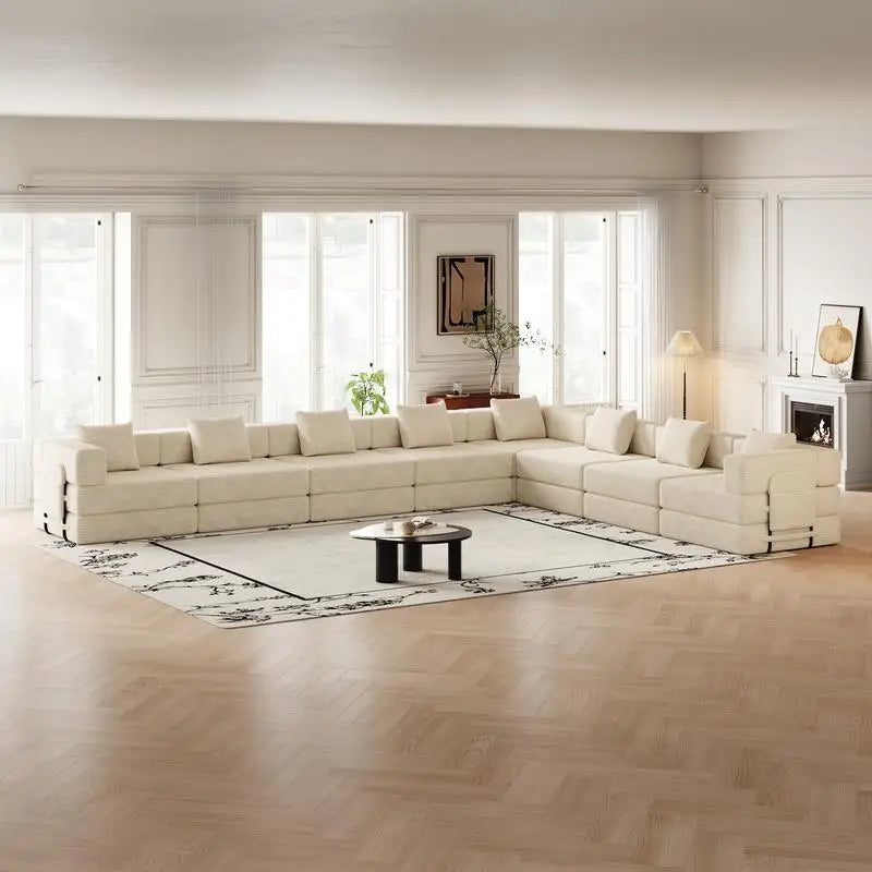 8-Seater Folding Sofa Bed in Corduroy Fabric with Side Storage Pockets and Cushions, Comfortable for Living Room, Bedroom, and