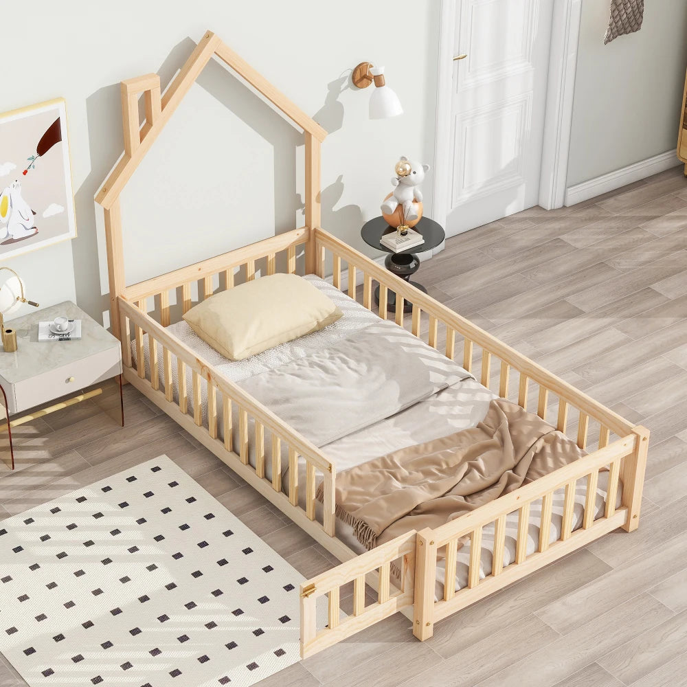 Twin House-Shaped Headboard Floor Bed with Fence,Natural