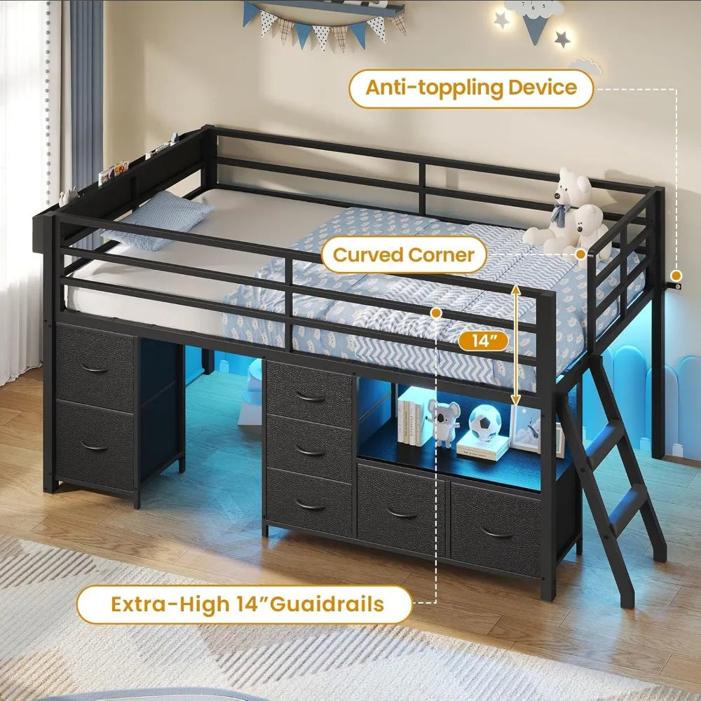 Twin Low Loft Bed with Storage Drawers, Bookcase & LED Lights