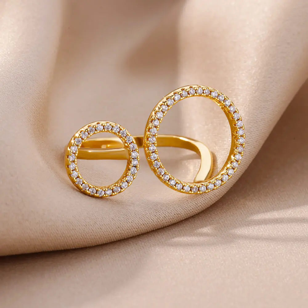 Zircon Double Circle Ring - Adjustable Stainless Steel Geometric Wedding Party Jewelry for Women | Primesmarket