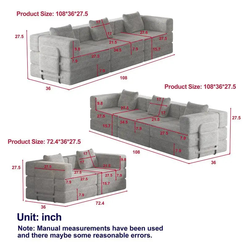 8-Seater Folding Sofa Bed in Corduroy Fabric with Side Storage Pockets and Cushions, Comfortable for Living Room, Bedroom, and