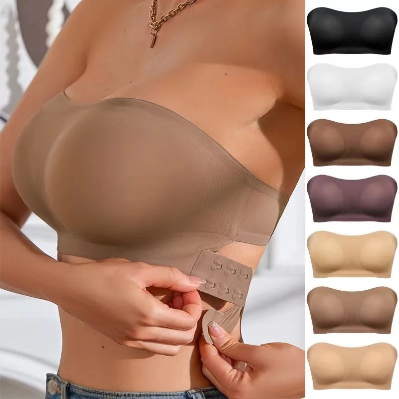 Bra with Side Clasps, Strapless Nylon Knit Fabric, Removable Padding, Crisscross Strap Details | Primesmarket