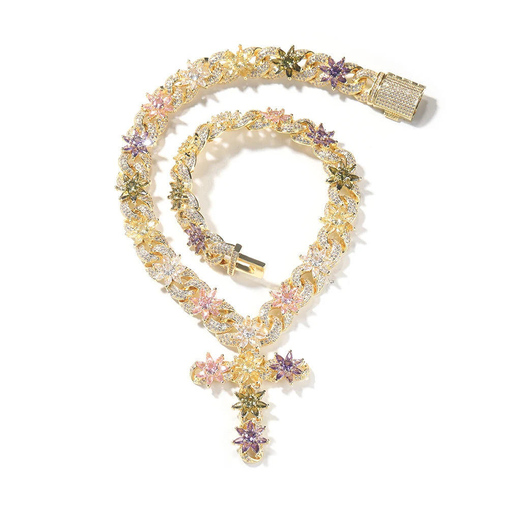 Colorful Flower Cuban Chain - Full Paved Iced Out Baguette CZ Hip Hop Necklace | Primesmarket