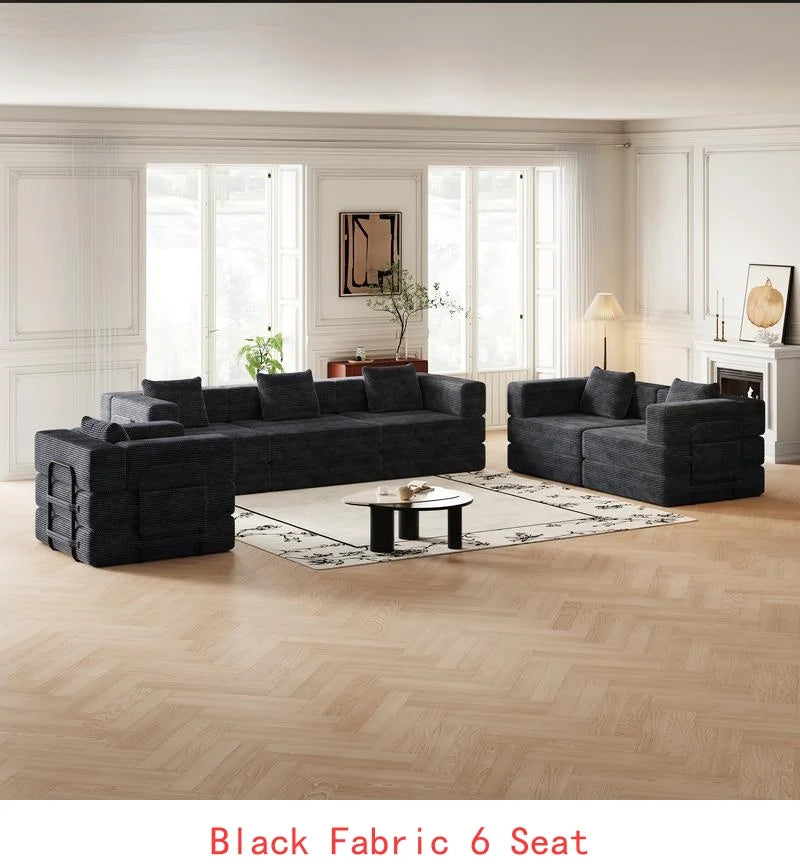 8-Seater Folding Sofa Bed in Corduroy Fabric with Side Storage Pockets and Cushions, Comfortable for Living Room, Bedroom, and