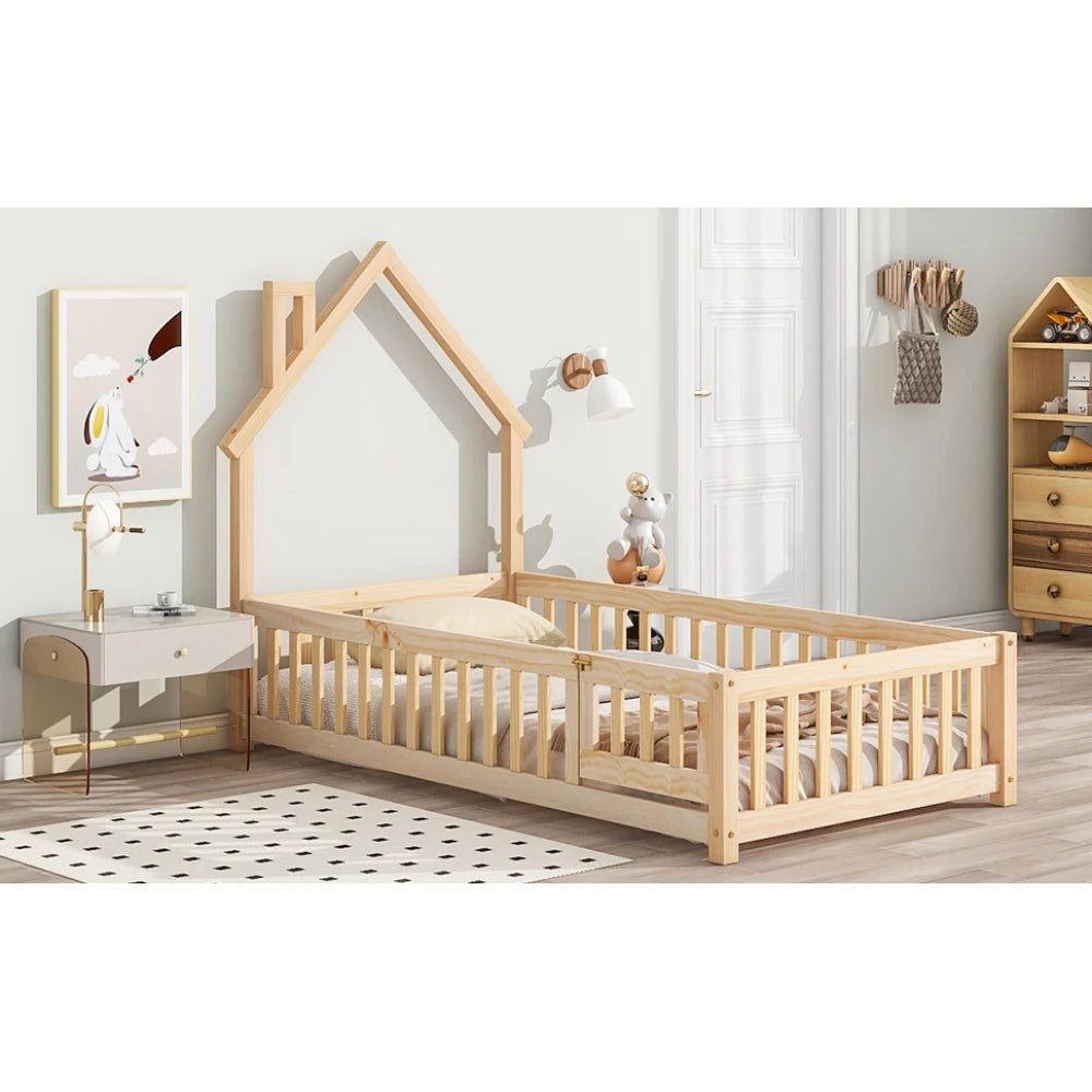 Twin House-Shaped Headboard Floor Bed with Fence,Natural