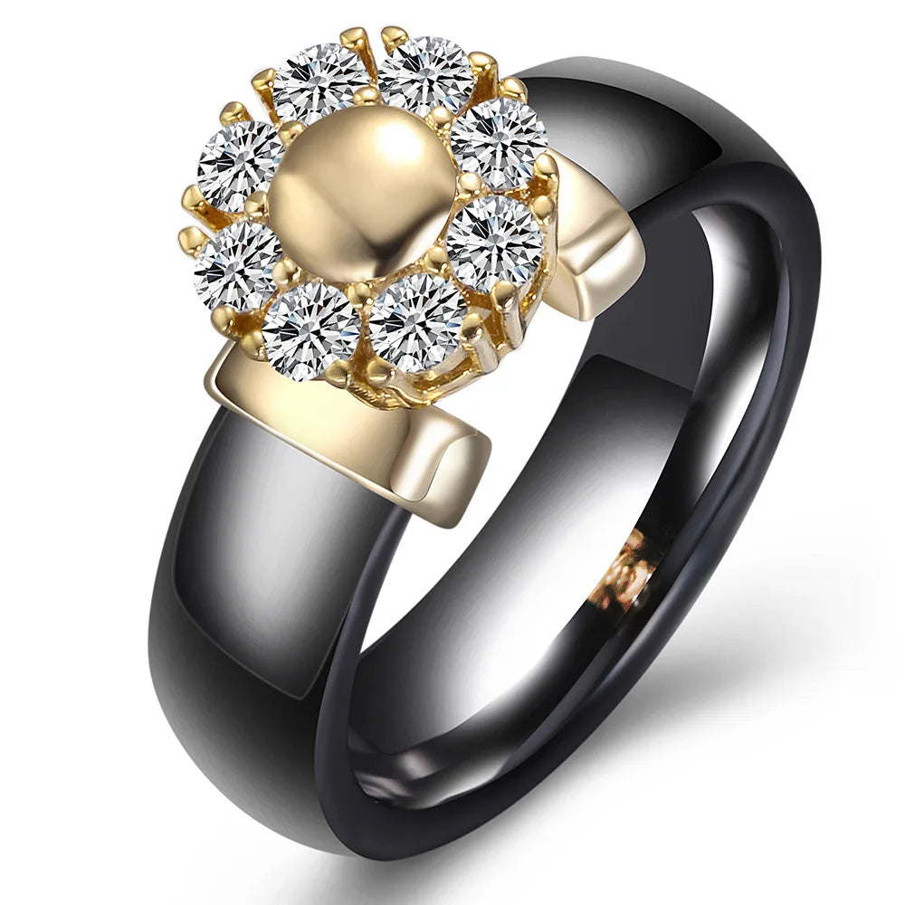 Luxury Sunflower Zircon Ceramic Ring - Titanium Steel Metal Finger Jewelry for Women & Girls | Primesmarket