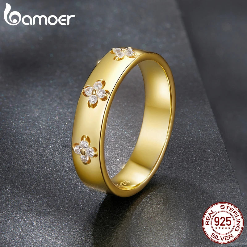 BAMOER 925 Sterling Silver Lucky Clover Moissanite Ring - Gold Plated D Color Round Cut Wide Band for Women | Primesmarket