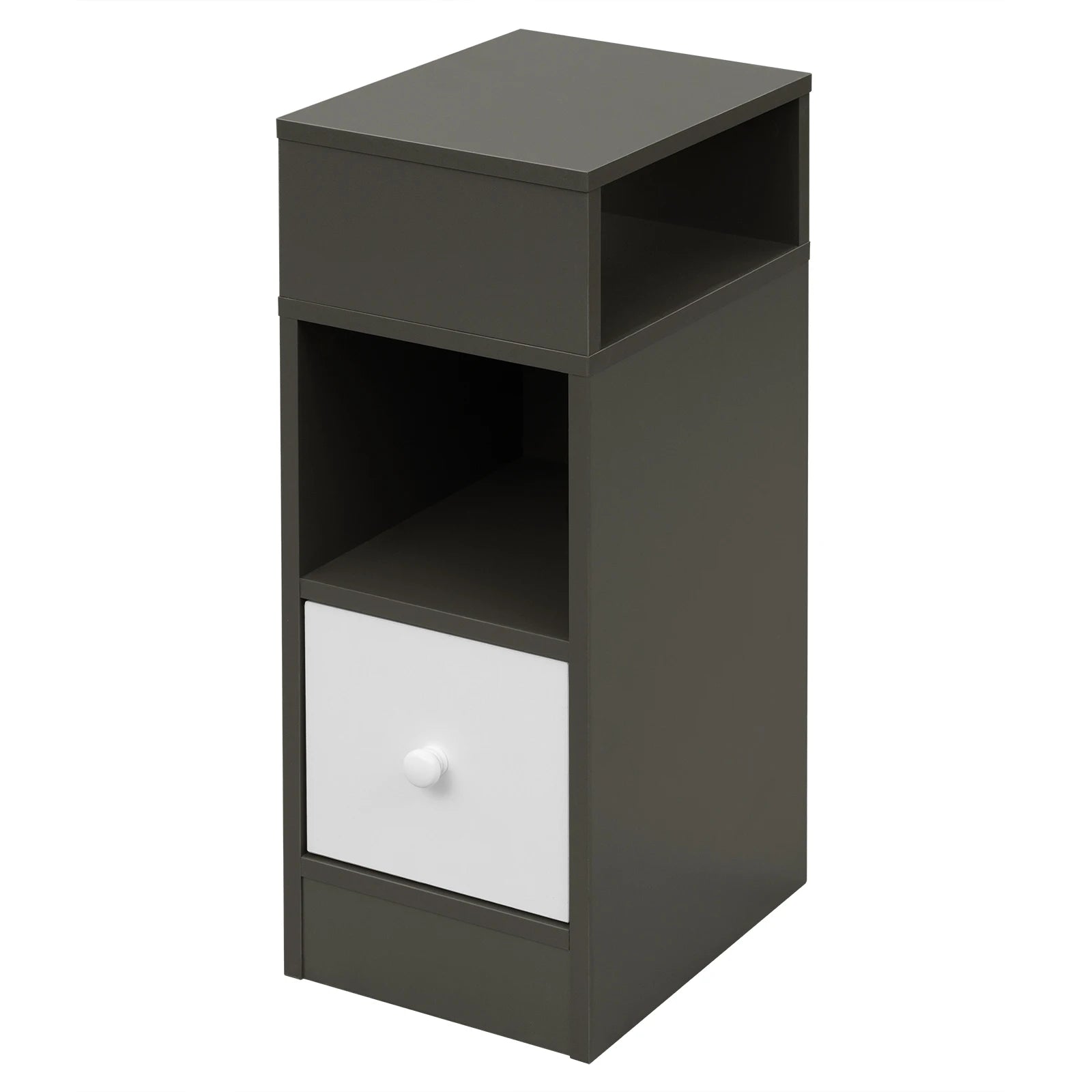 1PC Narrow Bedside Table with 2 Open Shelves 1 Drawer Slim Small Storage Cabinet 25x66x30cm Nightstand Space-Saving for Bedroom