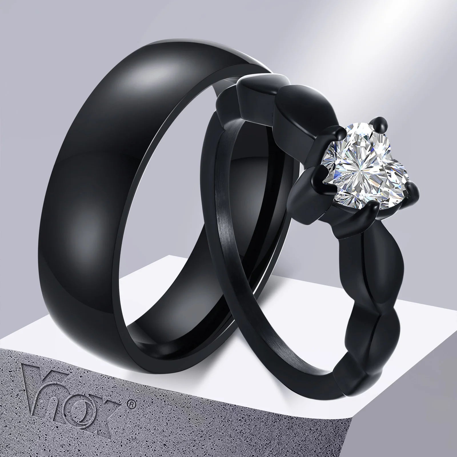 Vnox Romantic Heart CZ Stone Couple Wedding Rings - Black Stainless Steel Engagement Bands for Women & Men | Primesmarket