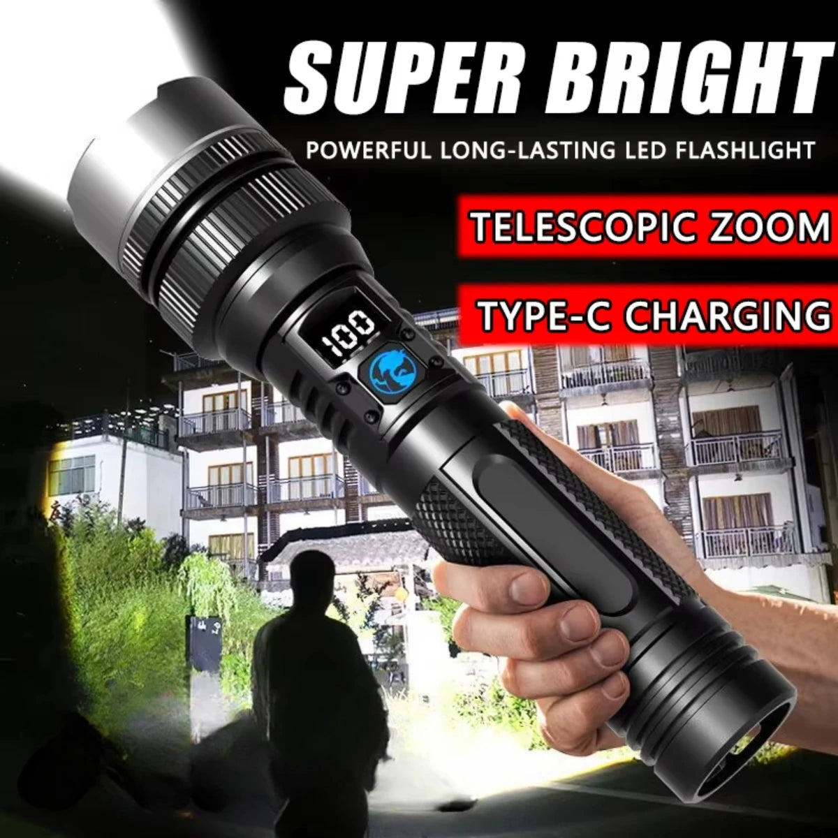 Powerful LED Flashlight - Zoom & Digital Display, USB-C Rechargeable for Camping & Hiking | Primesmarket