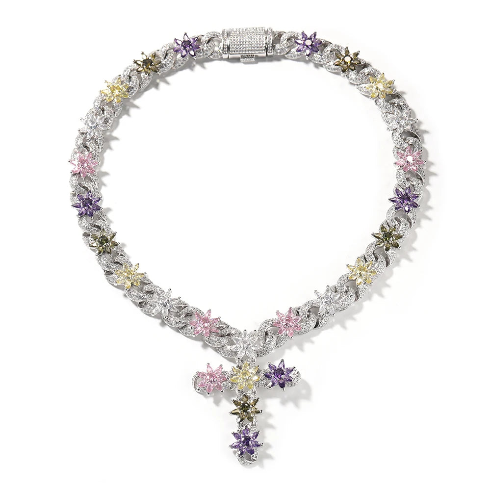 Colorful Flower Cuban Chain - Full Paved Iced Out Baguette CZ Hip Hop Necklace | Primesmarket