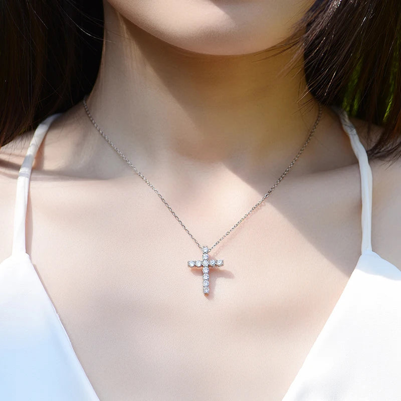 Full Moissanite Cross Pendant Necklace 925 Silver 18K White Gold Plated Elegant Fine Jewelry for Women | Primesmarket