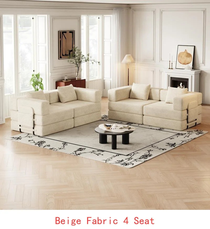 8-Seater Folding Sofa Bed in Corduroy Fabric with Side Storage Pockets and Cushions, Comfortable for Living Room, Bedroom, and