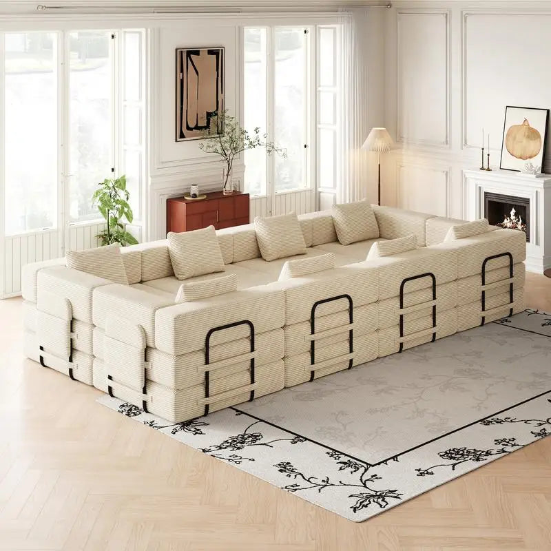 8-Seater Folding Sofa Bed in Corduroy Fabric with Side Storage Pockets and Cushions, Comfortable for Living Room, Bedroom, and