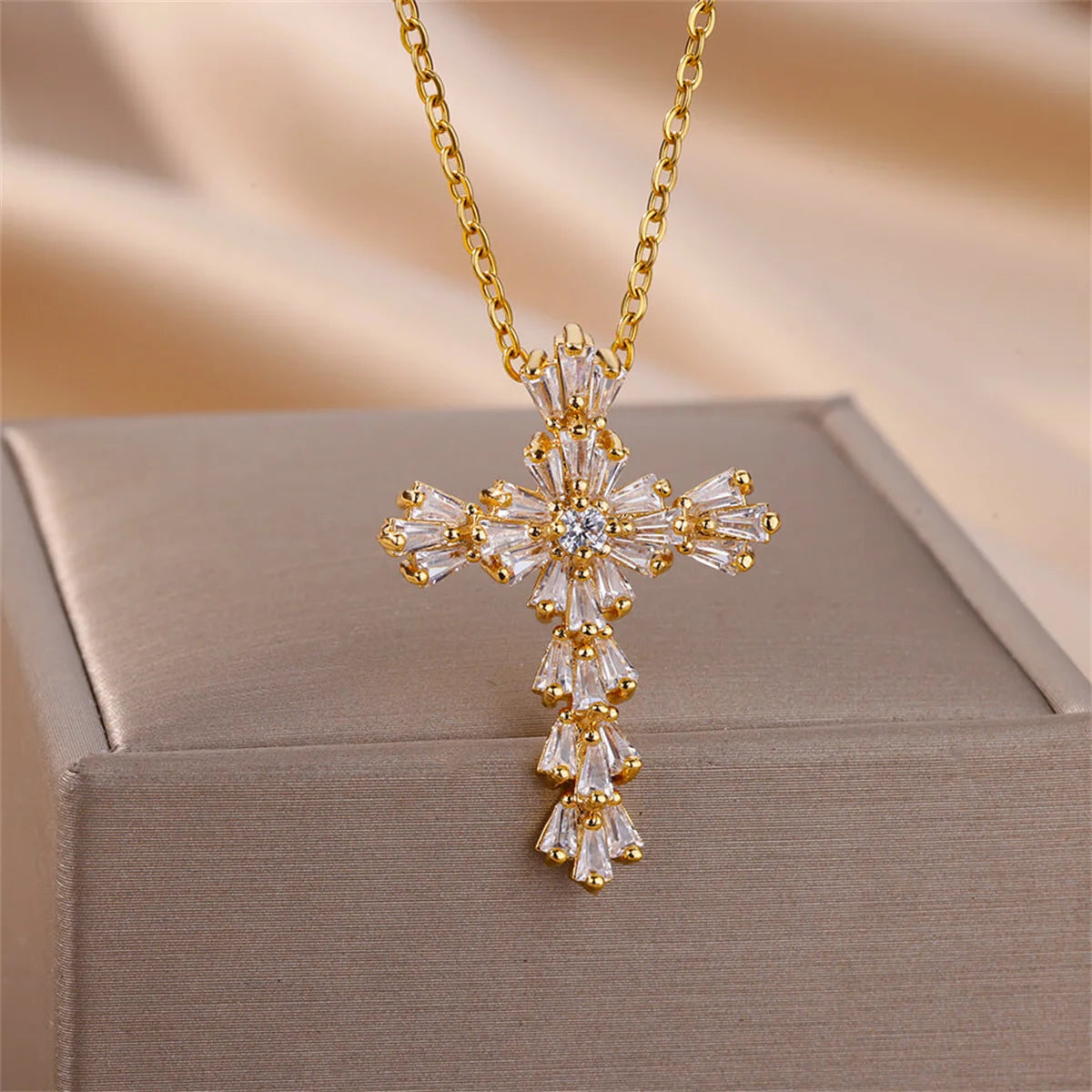 Luxury Zirconia Cross Pendant Necklace - Stainless Steel Crystal Chain for Women | Primesmarket