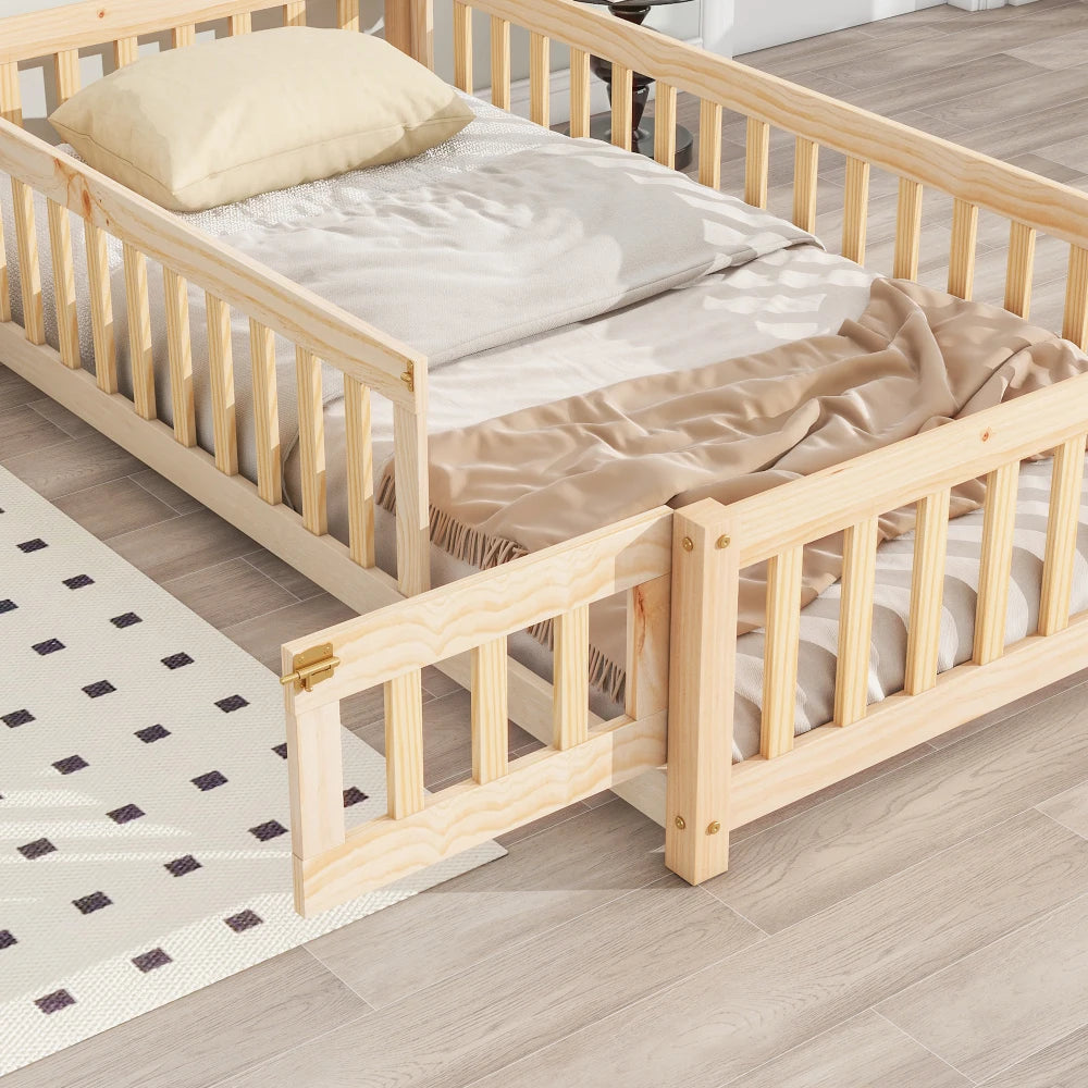 Twin House-Shaped Headboard Floor Bed with Fence,Natural